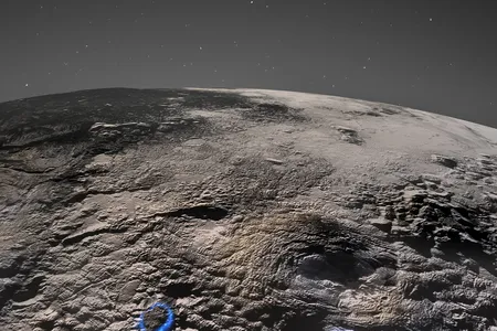 Pluto&#39;s icy volcanic region, with possible past eruptions marked in blue.