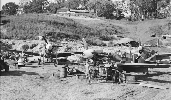 Ground crew servicing a group of Curtiss P-40 Kittyhawks. Presumed to be No. 1 Fighter Maintenance Unit at Kukum Field, Guadalcanal. (Photograph Courtesy of the Royal New Zealand Air Force Museum)