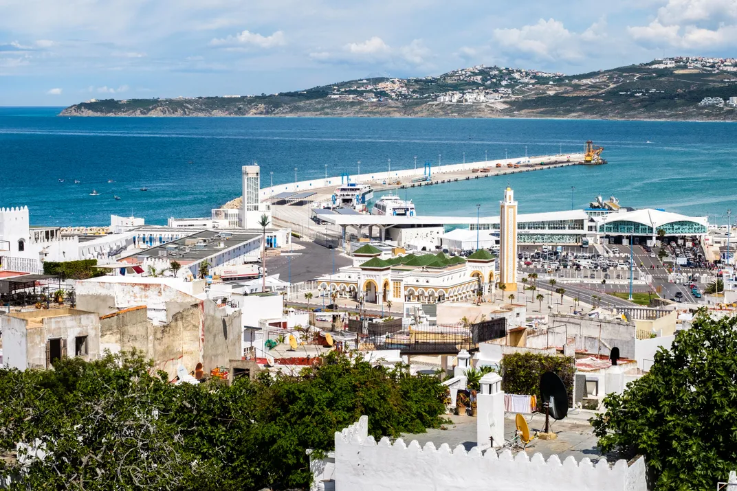 View of the Tangier, Morocco, port, with ferry terminal and American Legation visible