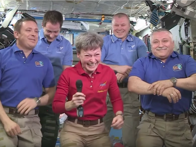Laughing to keep from crying, Peggy Whitson says goodbye to crewmates Thomas Pesquet (back left) and Oleg Novitskiy (back right), with Jack “2Fish” Fisher and Fyodor Yurchikhin by her side.