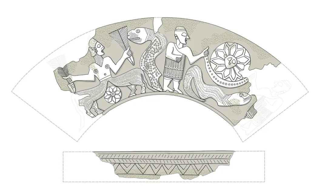 A drawing of several figures and snakes