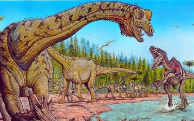 The giant sauropod Futalognkosaurus (at left) with some of its Cretaceous neighbors.