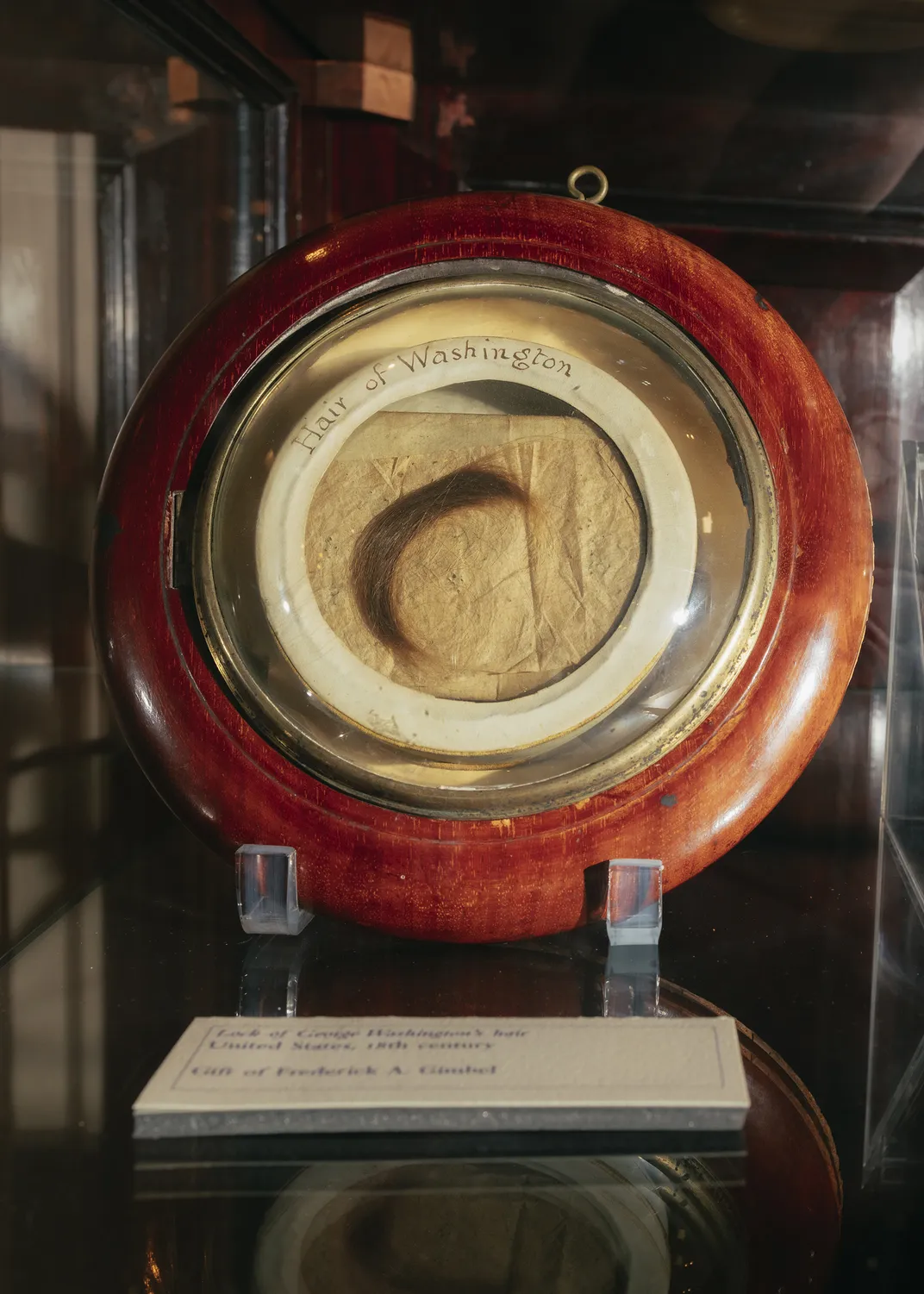 A lock of hair from George Washington is on display at the Fraunces Tavern Museum on Pearl Street in New York City.