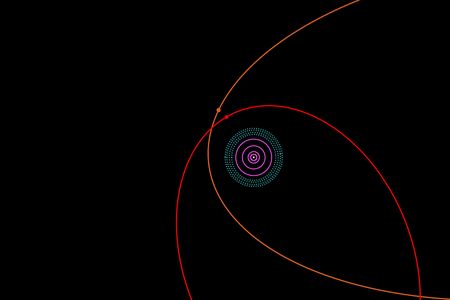 The newly discovered 2012 VP113, in red, and Sedna, in orange, orbit far from the Sun. The four pink bands are Jupiter, Saturn, Uranus and Neptune. The blue dots are Pluto and the rest of the Kuiper belt.