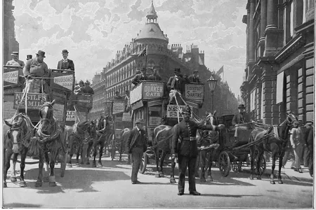 A police officer directs traffic in London in the 1890s. 