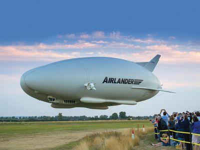 Hybrid Air Vehicles’ prototype AirLander 10 airship embarks 
on a test flight over Cardington, England, in August 2016. The company hopes to have production models flying in 2025.