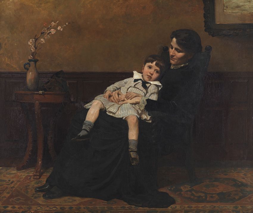 Oil painting in dark brown tones, featuring a woman sitting in a chair wearing a dark dress and holding a young boy in a sailor suit.