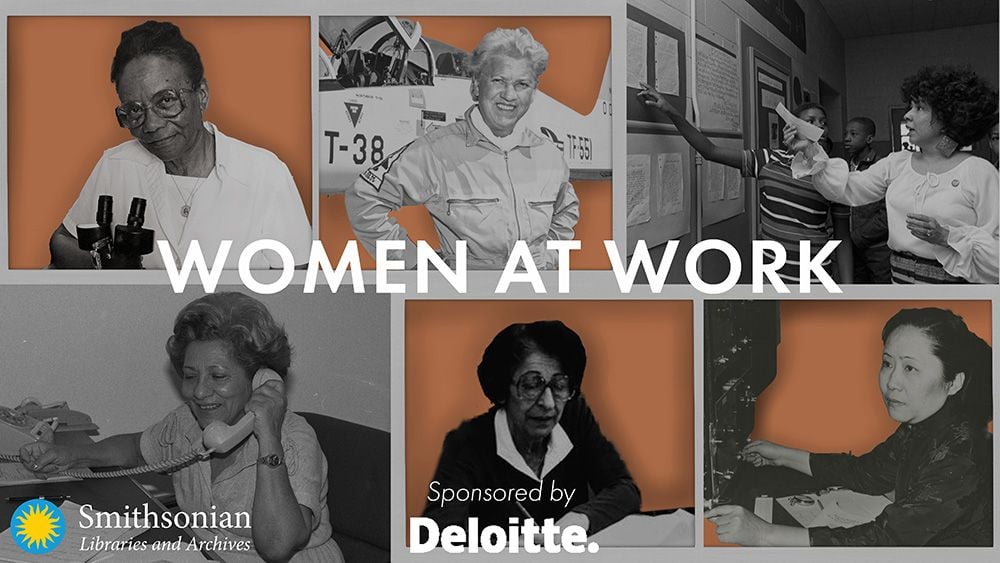 Graphic for Women at Work event, featuring black and white photos of six women.