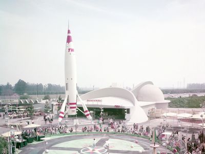 From 1955 to 1961, the TWA-sponsored “Rocket to the Moon” was the E-ticket attraction of Tomorrowland, the neighborhood of the Disneyland theme park modeled after a speculative utopian future.