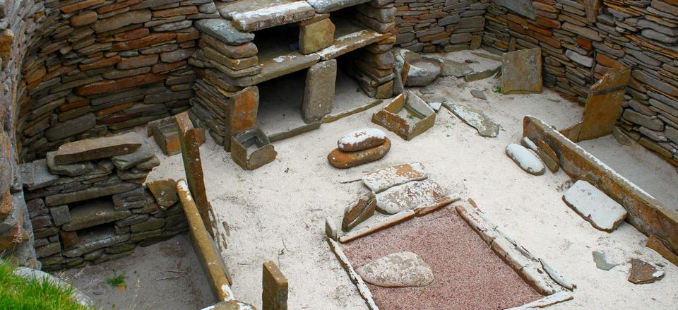  A Neolithic stone house at Skara Brae, Orkney Islands 