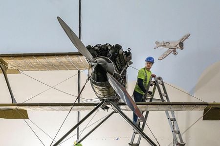 Staff dismantle the Curtiss R3C-2 Racer in which U.S. Army Lieutenant James Doolittle won the Schneider Trophy Race in October 1925.