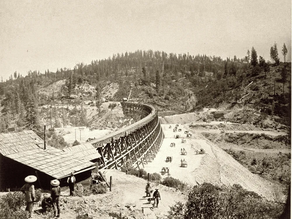 Chinese railroad workers near the Secret Town Trestle in Placer County, California, around 1869