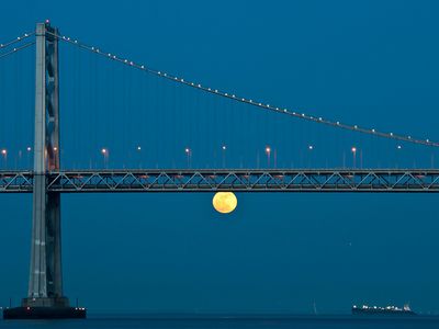 A Supermoon in 2009 rises below the San Francisco Bay Bridge.