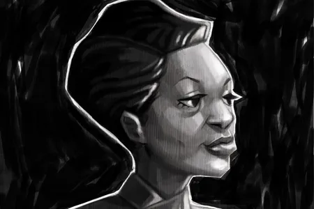 An illustrated portrait of the artist Augusta Savage in black and white