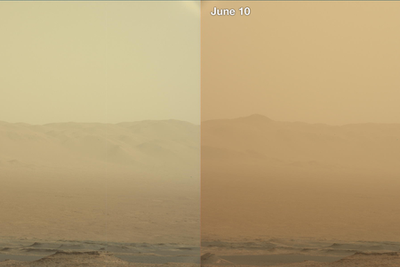 These two views from NASA’s Curiosity rover, acquired specifically to measure the amount of dust inside Gale Crater, show that dust has increased over three days from a major Martian dust storm.  The images were taken by the rover’s Mastcam.