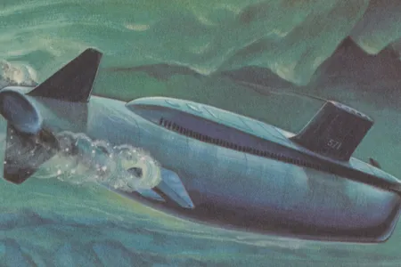 A rendering of the USS Nautilus, the world's first atomic submarine. The real Nautilus is now open to the public, docked in Connecticut so that visitors can walk around inside and explore the torpedoes and living quarters.