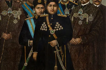 Ahmad Shah (r. 1909–25) and his cabinet   by Assadullah al-Husayni naqqash-bashi, 1910