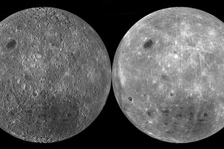 The far side of the Moon from two spacecraft. The Lunar Reconnaissance Orbiter (left) mapped the far side at a variety of sun angles, allowing us to observe the morphology of the surface. Clementine mapped the Moon at high sun angles, emphasizing albedo contrasts. Both views show that this side of the Moon has much less dark, smooth maria than does the near side.