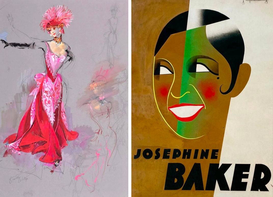 A Freddy Whittop costume sketch for the original Broadway production of Hello, Dolly! (left) and a study for an iconic 1931 Cubist poster of Josephine Baker by Jean Chassaing (right)