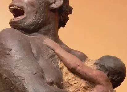 An artist’s vision of a Neanderthal and her baby. If the Neanderthal lived 47,000 to 65,000 years ago, her baby might have been the result of breeding with a human.