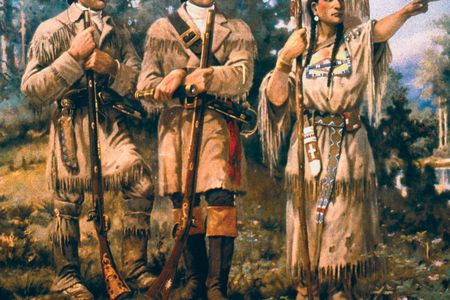 A detail of "Lewis and Clark at Three Forks" by Edgar Samuel Paxson, mural in lobby of Montana House of Representatives
