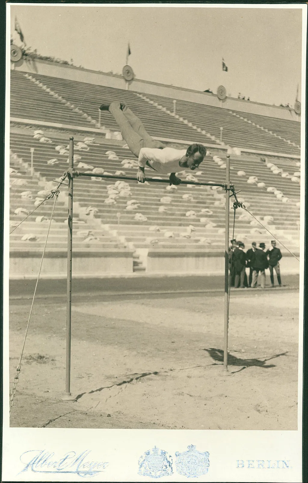 German athlete Herman Weingartner, horizontal bar champion, performing at the 1896 Olympics