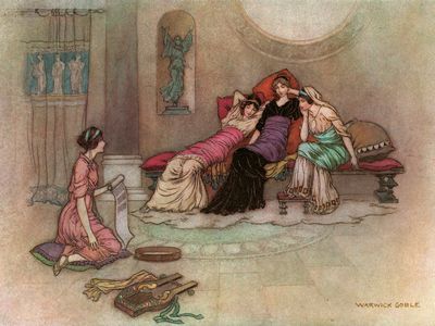 Criseyde and Her Maidens Listening to a Reading, by Warwick Goble, from The Complete Poetical Works of Geoffrey Chaucer, 1912.