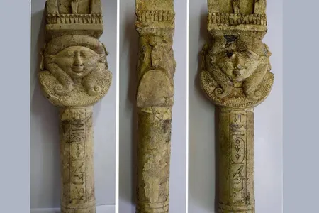 A limestone pillar depicts the goddess Hathor, who was worshipped at the temple.