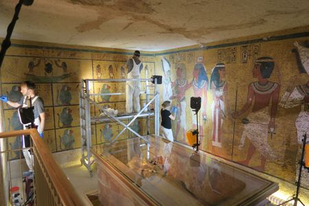 A series of brown spots dotting the tomb's wall paintings were thought to be microbes carried by modern visitors, but researchers found that the marks have actually been around since 1922 opening of the crypt