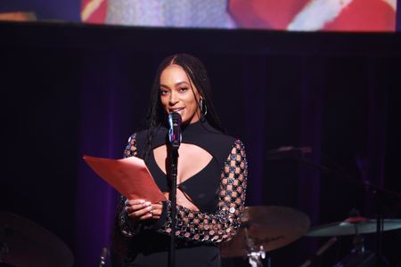 Solange Knowles giving a speech in 2020