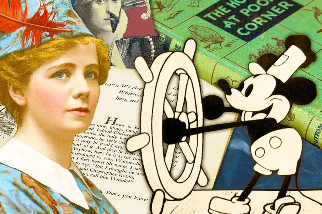 Photo illustration of images from Steamboat Willie, Peter Pan, Orlando and The House at Pooh Corner