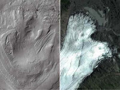 Glaciers past and present: (left) remnant morphologies shaped by past glacial activity on Aeolis Mons on Mars, and (right) Breiðamerkurjökull glacier in Iceland.