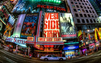 In the midst of Broadway's musicals, there's a little food to be found. Times Square Fisheye.