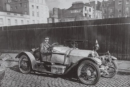 Toby Rawlinson in his Hudson roadster after the First Battle of Ypres, November 1914.