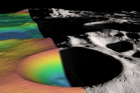 This split image of Shackleton Crater on the moon shows elevation (left) and shaded relief (right) data for the 12.5-mile-wide crater.