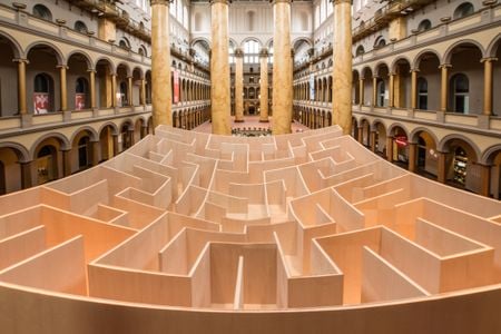 The maze is constructed out of glossy maple plywood.