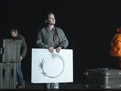 Amy Adams tries to figure out how to talk to the aliens in the 2016 film Arrival.  