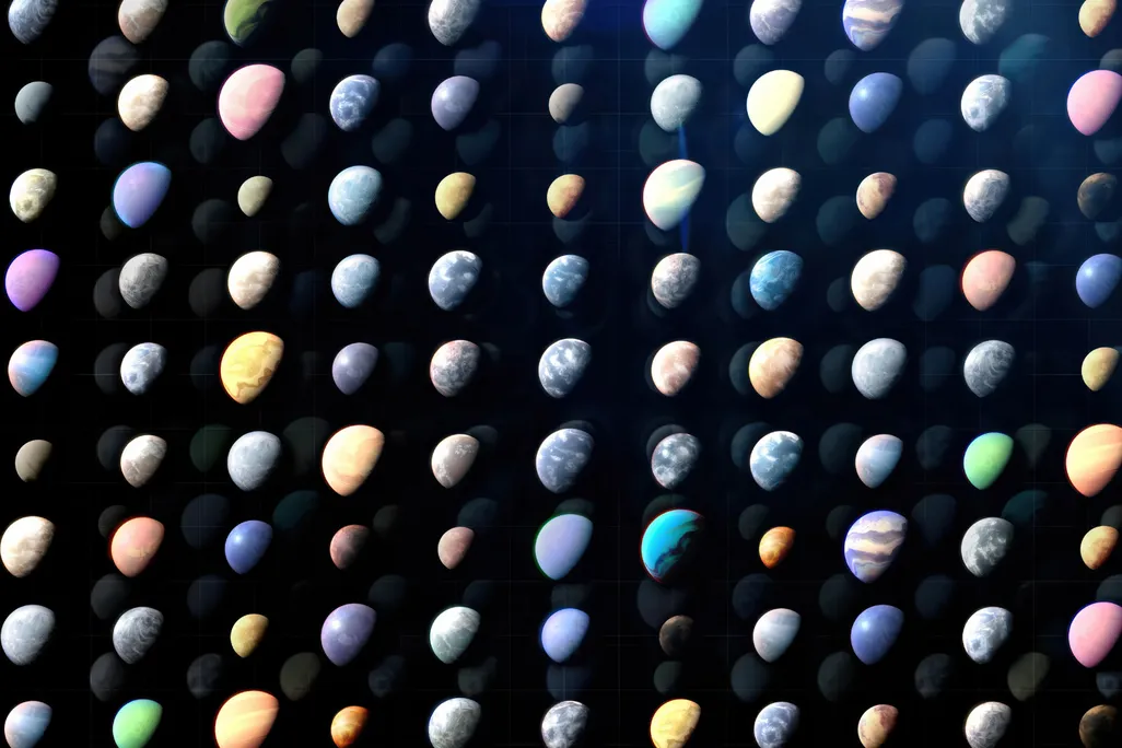 An artistic rendering depicting dozens of planets.