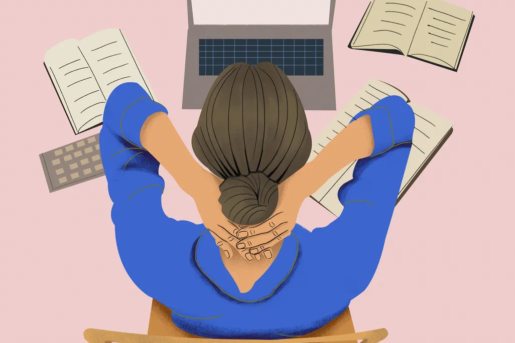 Illustration of a woman doing remote work at her desk with papers around her