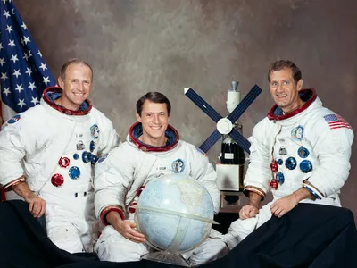 The crew of Skylab 4 in August 1973. From left to right: astronaut Gerald Carr, who commanded the mission; scientist-astronaut Edward Gibson; astronaut William Pogue.