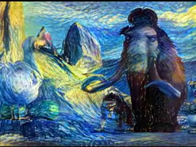 A scene from "Ice Age" rendered through ta computer algorithm to look like an animated painting.