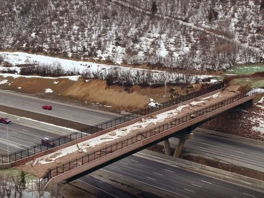 Photograph of the wildlife bridge over 6 lanes of traffic on Interstate 80