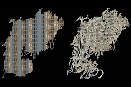 This image shows a scrap of the indigo-dyed fabric (right) and a diagram of the cloth (left), highlighting the blue stripes.
