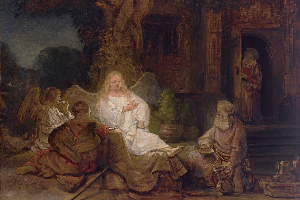 A panel depicting a man with wings sitting in the center of the frame, illuminated by a light source that seems to come from within himself, surrounded by two other travelers, an elderly Abraham and Sarah peeking out of the door of the house