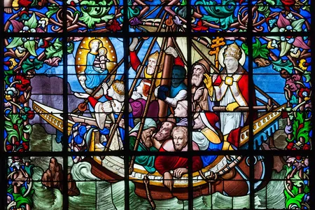 A stained-glass window depicting Empress Matilda's voyage from England to Normandy