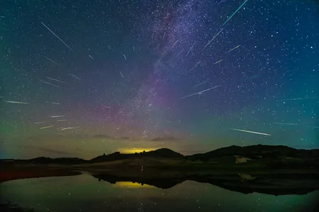 The Perseid meteor shower over Inner Mongolia, China, on August 14, 2023. When a meteor falls to the ground, it&#39;s called a meteorite.