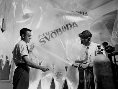 Each rubber balloon was filled with thousands of propaganda leaflets. The balloons, launched from Germany, were meant for Czechoslovakia (note the Czech word "Svoboda," or "freedom," lettered on each side of the balloon).
