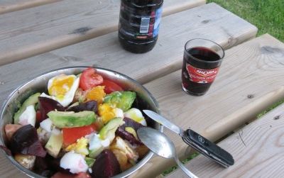 The table is set with a heaping salad of beets, soft-boiled eggs, orange and avocado. Dressed with a zesty walnut oil vinaigrette, this dish goes exceptionally well with an anonymous red Gascogne blend from a wine shop bulk barrel.