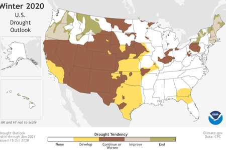 The National Oceanic and Atmospheric Administration's U.S. Drought Outlook map for November 2020 through January 2021. Brown represents the areas where drought is expected to continue or worsen.
