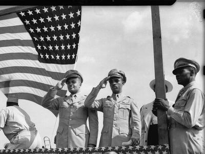 Two men wearing U. S. Army uniforms, including Major George S. Roberts (on left), June 22, 1944